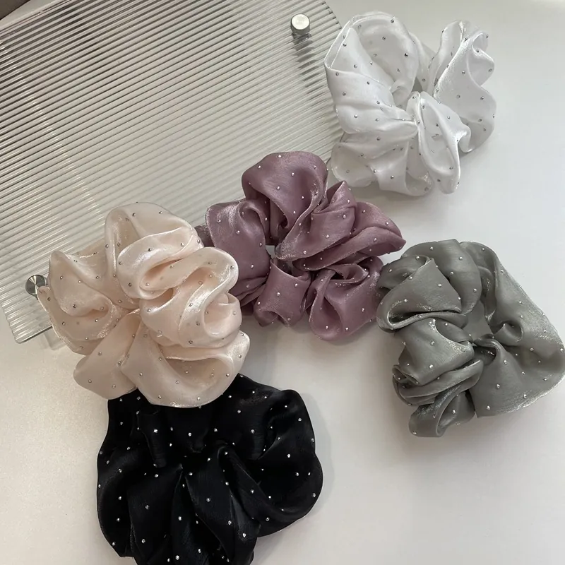 French Vintage Satin Scrunchies With Rhinestones Shiny Satin Elastic Hair Ties Korean Style Hair Accessories For Women