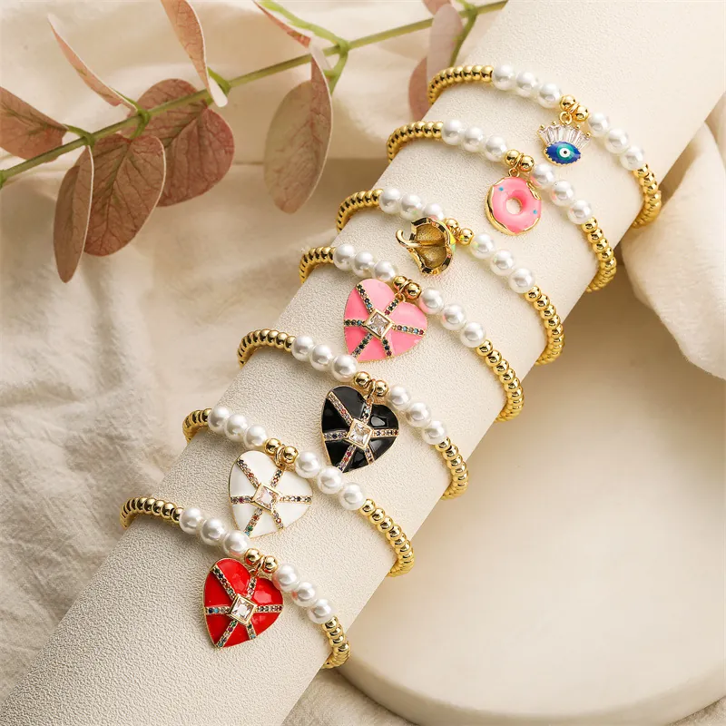 Bracciale Perline Lega Placcato Oro Perla Artificial Imitazione Cuore Malocchio Ombrello Donut Pendente Gioielli Moda Donne