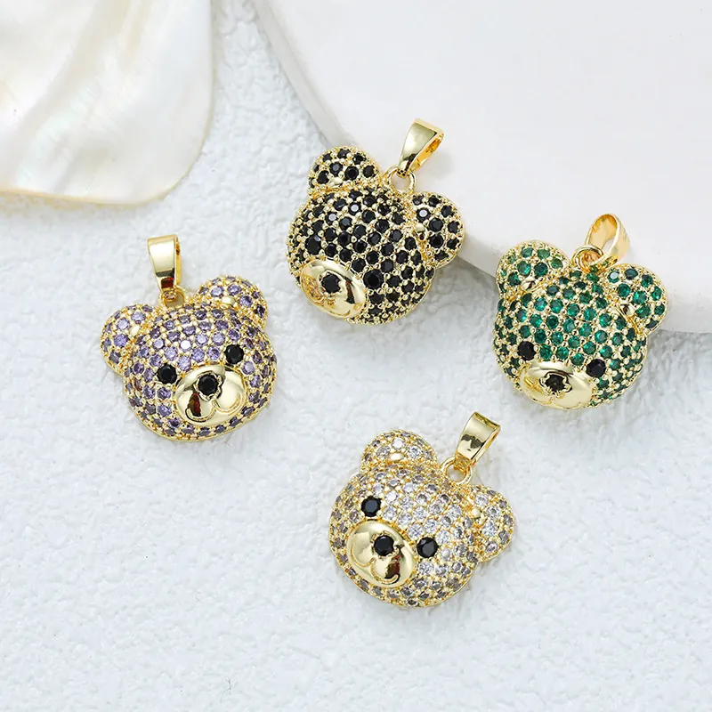 Cute Teddy Bear Pendant Necklace 18K Gold Plated Copper With Colorful Cubic Zirconia Rhinestone Fashion Jewelry For Women