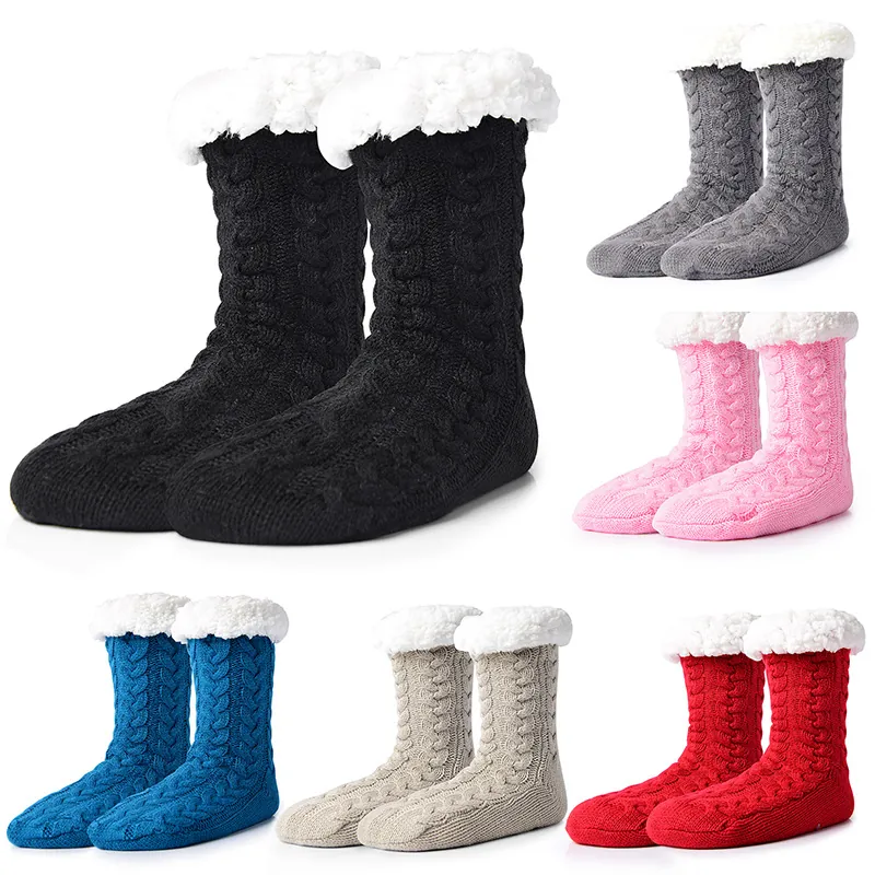 Women Winter Cable Knit Fleece Lined Slipper Socks Thick Warm Anti-Slip Floor Socks For Indoor Home Acrylic Mid-Calf Socks