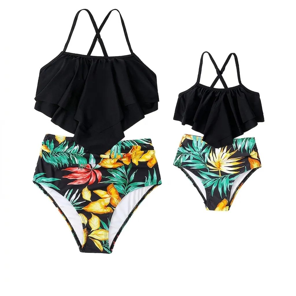 Mother Daughter Matching Swimwear Ruffle Tankini Top High Waisted Tropical Print Bikini Family Beachwear Nylon Fabric