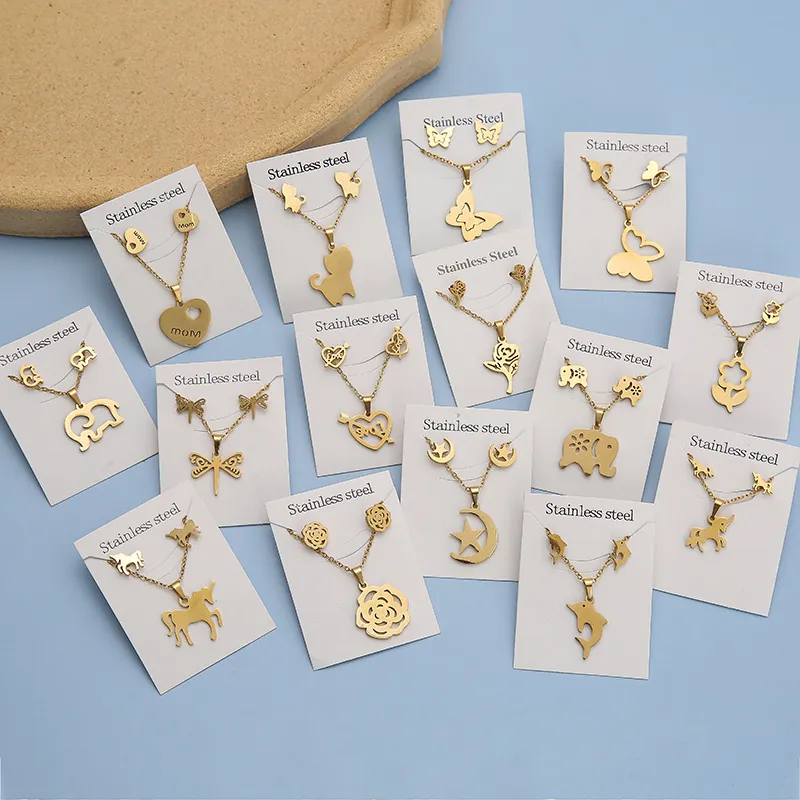 Stainless Steel Necklace And Earrings Gold Plated Butterfly Heart Elephant Animal Pendants Clavicle Chain For Women Jewelry Gift