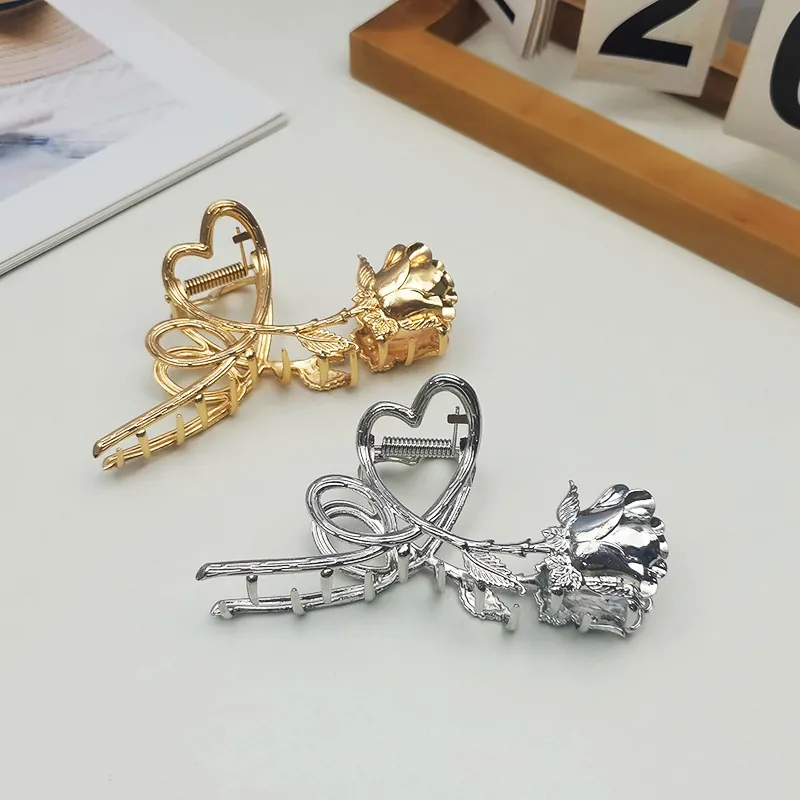 Elegant Metal Rose Flower Heart Hair Claw Clip Retro Alloy Shark Jaw Headpiece For Women
