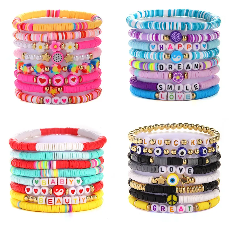 Boho Beaded Bracelet Polymer Clay Heishi Acrylic Letter Evil Eye Heart Flower Colorful Elastic Jewelry For Women