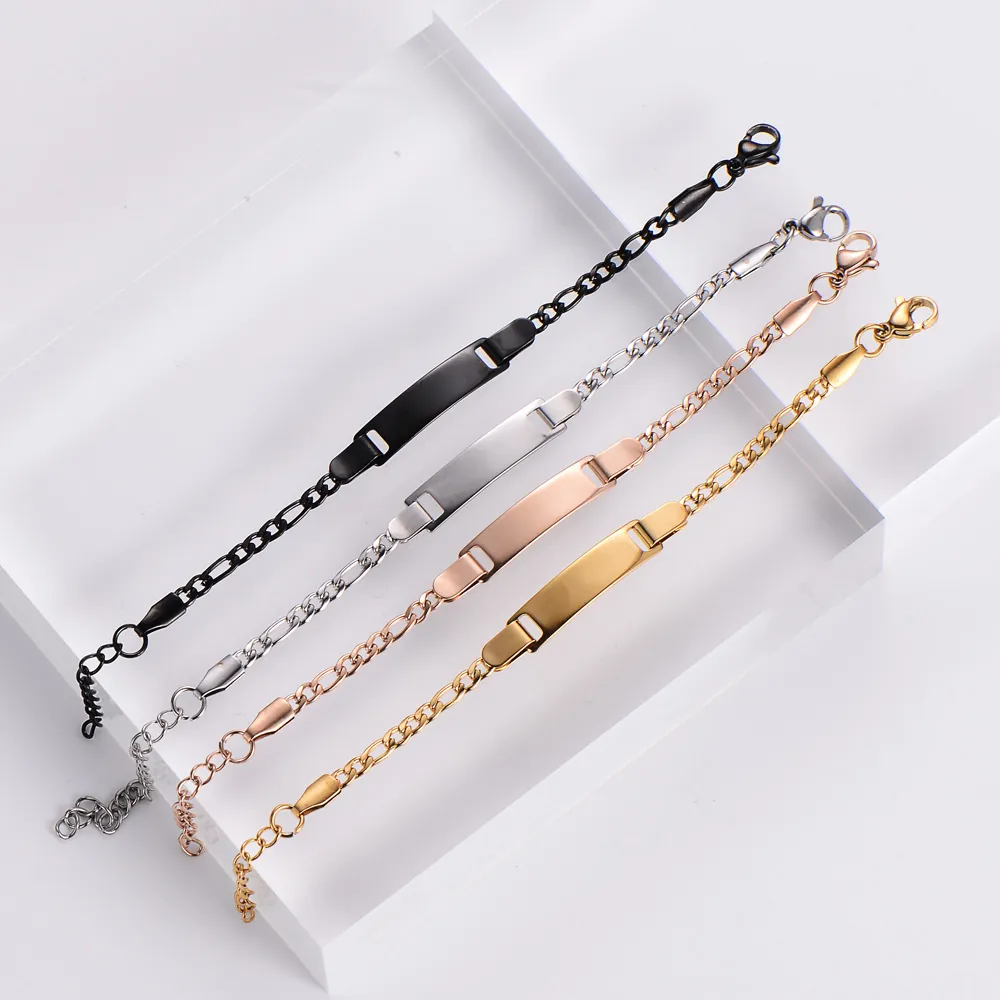 Kids ID Bracelet Stainless Steel Figaro Chain Polished Curved Blank Bar Jewelry For Children Boys Girls