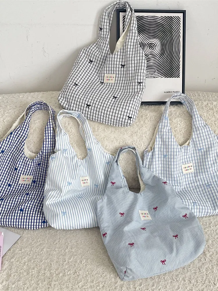 Sac Fourre-tout En Polyester Pour Femmes À Carreaux Rayé Broderie Noeud Motif Grande Capacité Sac À Main Décontracté
