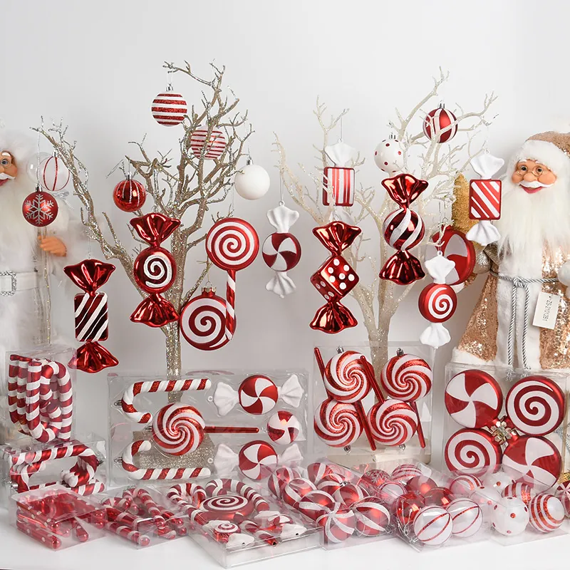 Christmas Hanging Ornaments Plastic Red And White Candy Cane Lollipop Festive Tree Window Display Painted Glitter