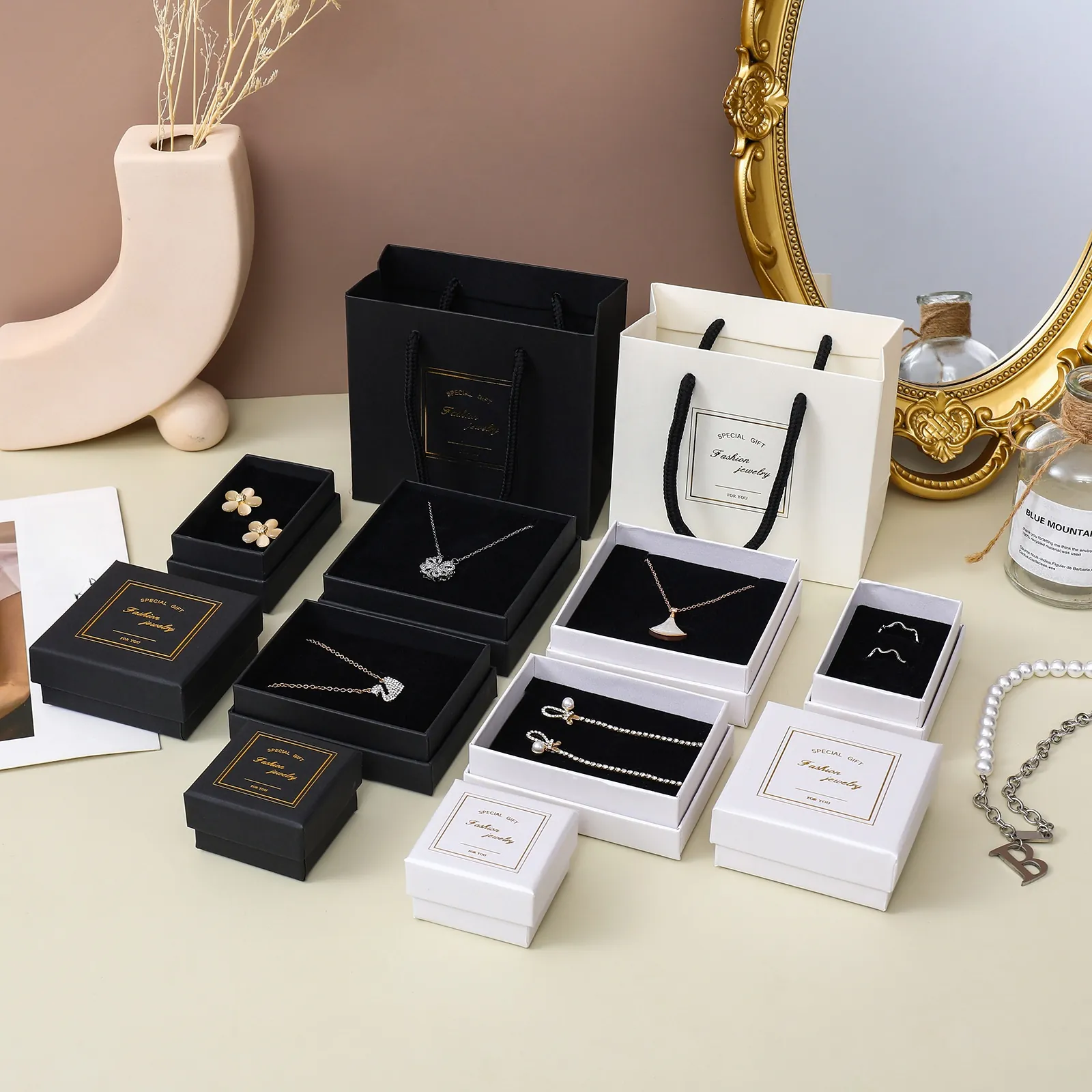Jewelry Box Gift Packaging Case Square Paperboard Gold Stamping Morandi Colors For Rings Earrings Necklaces Bracelet
