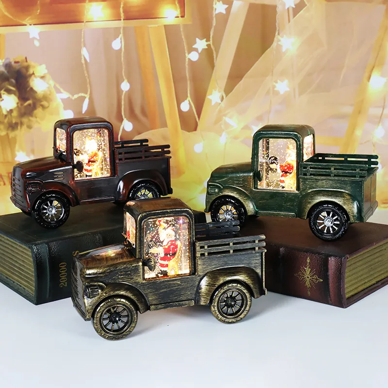 Christmas Retro Truck Night Light LED Glowing Snow Globe Ornament Santa Claus Vintage Plastic Desktop Holiday Decor Gift
