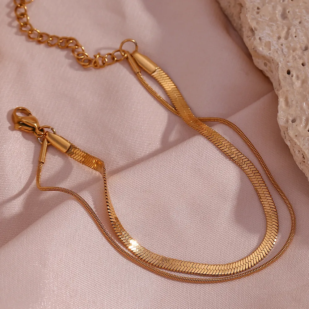 Bracelet Women Stainless Steel Gold Plated Layered Snake Herringbone Chain Adjustable Simple Fashion Light Luxury Jewelry