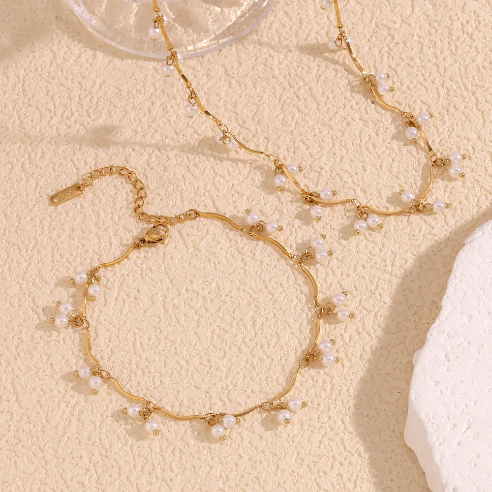Wave Chain Pendant Necklace Stainless Steel 18K Gold Plated Imitation Artificial Pearl Cluster Fashion Jewelry For Women