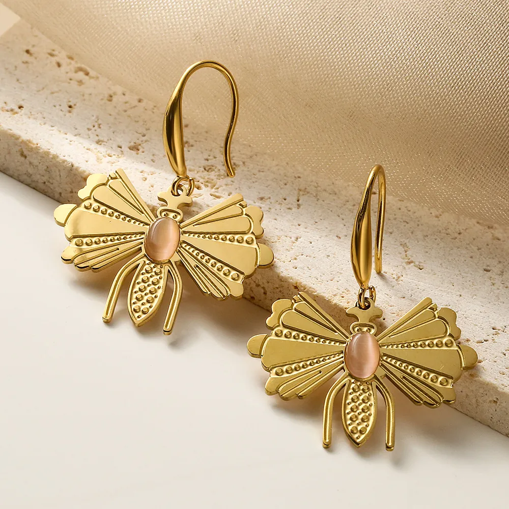 Butterfly Dangle Earrings Pink Cat Eye Stone Titanium Steel Real Gold Plated Vintage Jewelry For Women