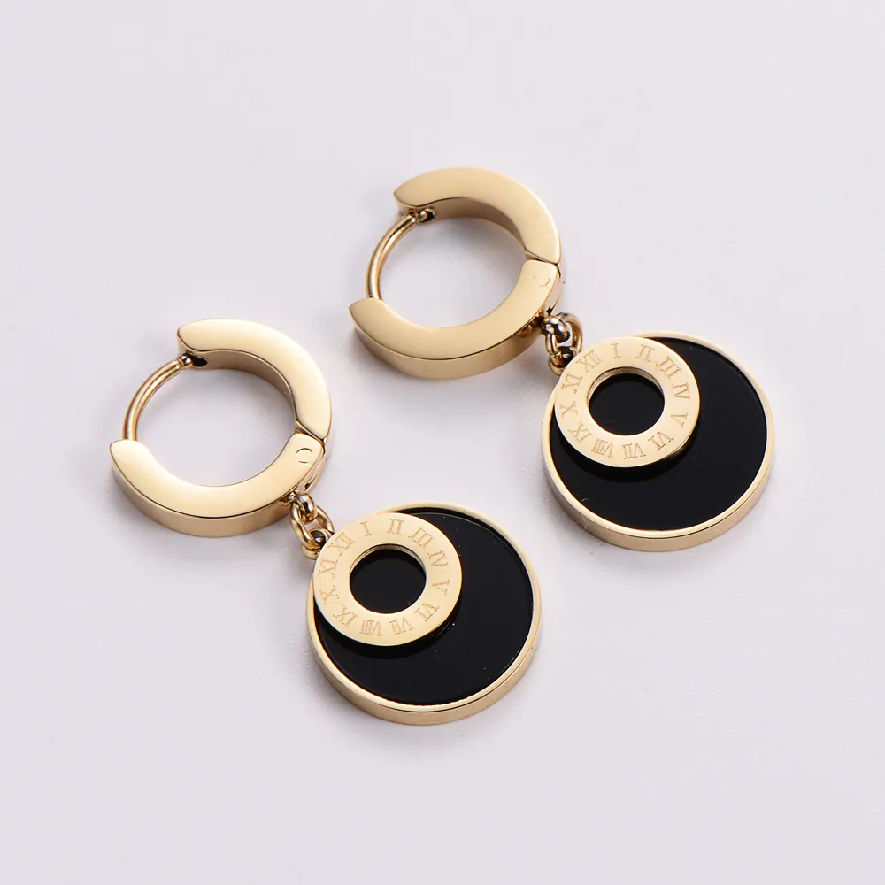 Retro Edelstahl Römische Ziffern Runde Anhänger Creolen Für Damen Minimalistisch 18K Vergoldet Eleganter Schmuck