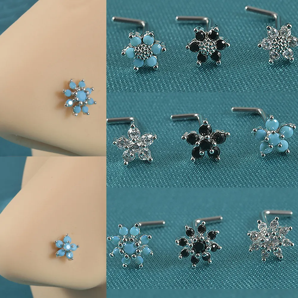 Flower Nose Stud Stainless Steel Copper Zircon Turquoise L Shaped Threaded Piercing Jewelry Fashion For Women Men