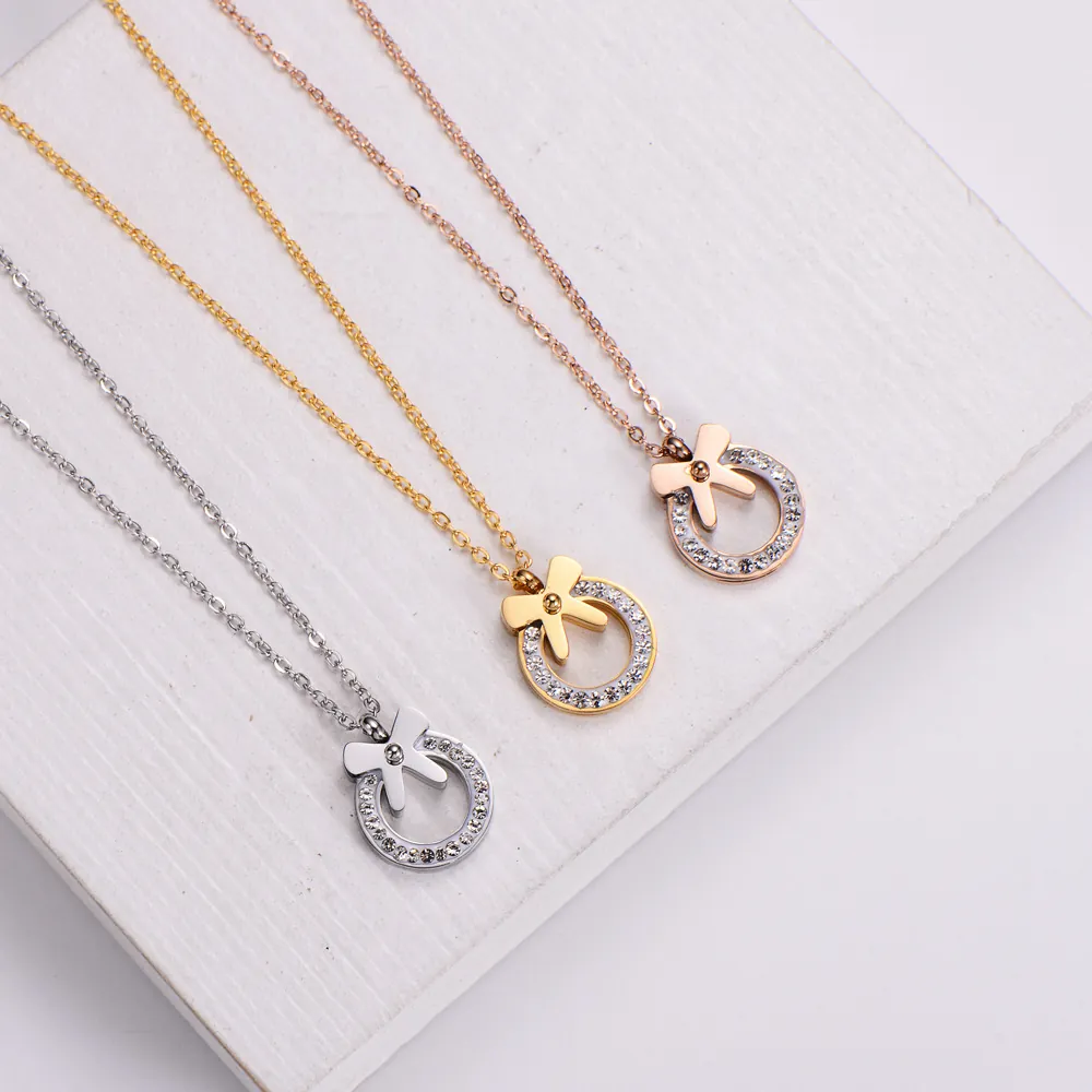 Bowknot Circle Pendant Necklace 316L Stainless Steel Zircon Inlaid Elegant Korean Style Jewelry For Women