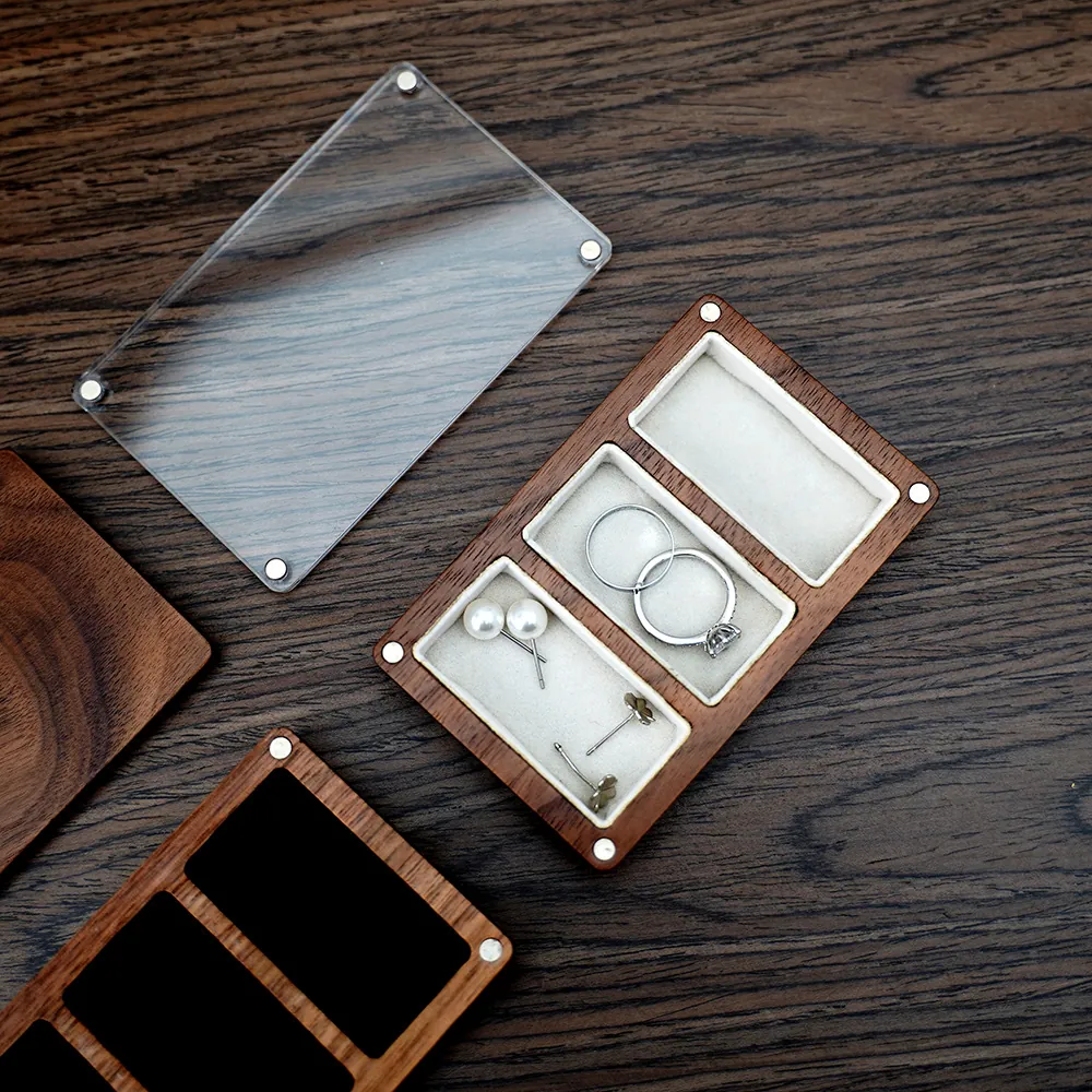 Portable Black Walnut Wood Jewelry Box Mini Travel Case With Velvet Lining And Acrylic Lid For Rings Earrings Necklaces