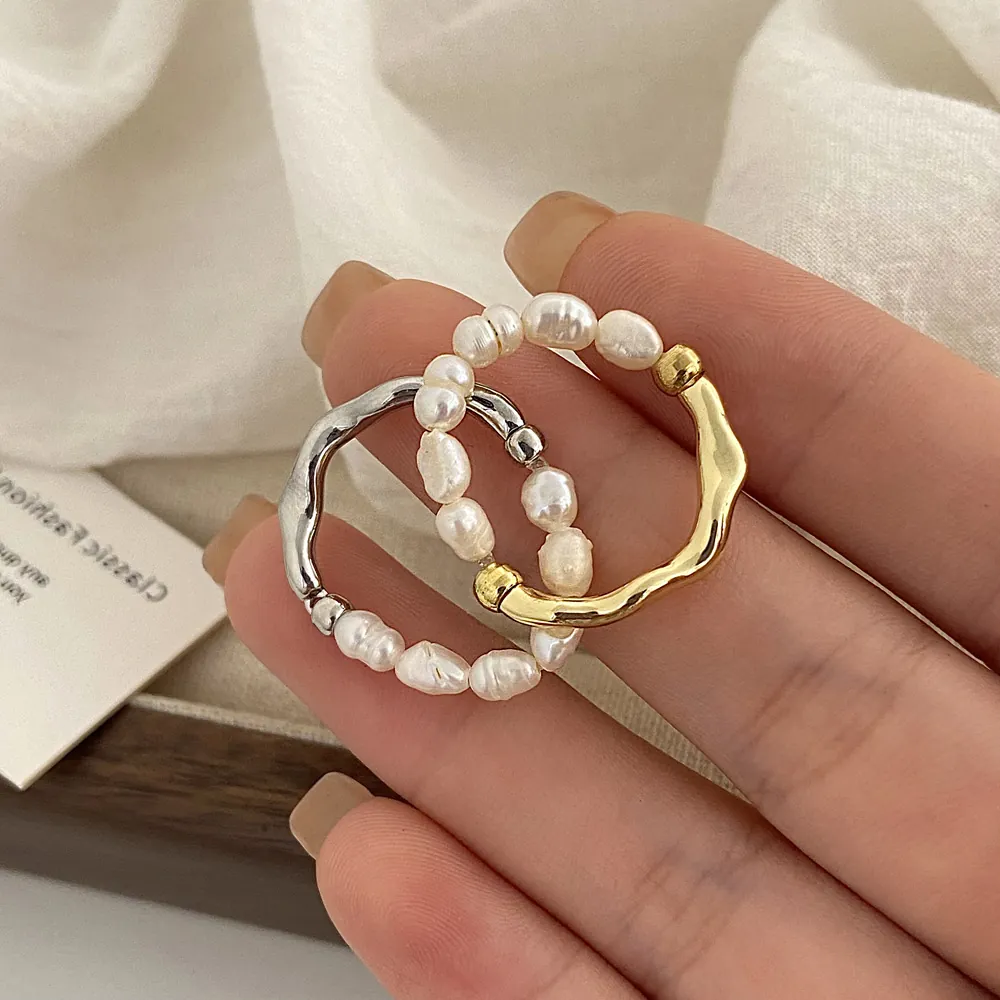 Anillo De Perlas De Agua Dulce Elegante Diseño De Ondas Irregulares Joyería De Cobre Estilo Francés Minimalista Para Mujeres