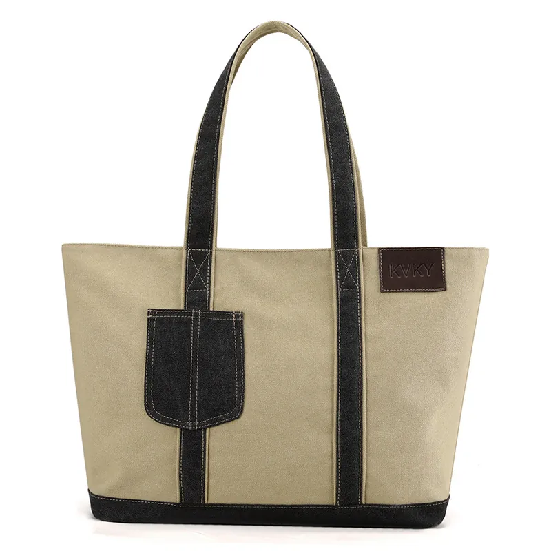 Damen Canvas Tote Bag Große Kapazität Schulter Handtasche Patchwork Casual Retro Einfach Kontrastfarbe Mehrere Taschen