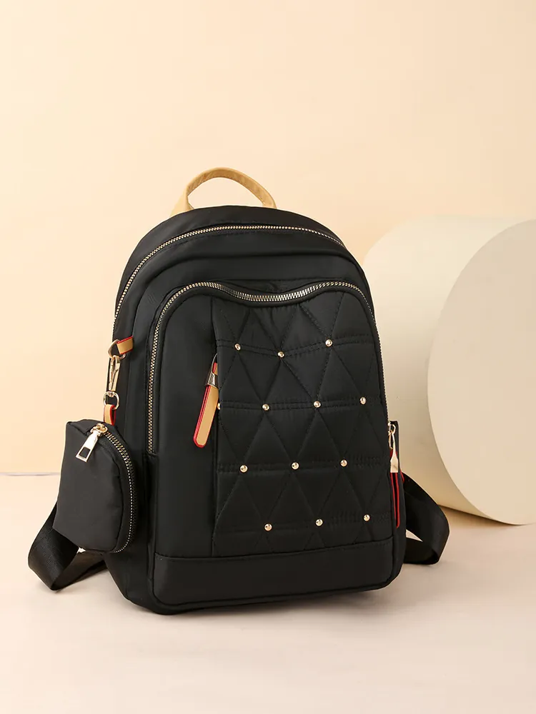 Mochila Moda Mujer Impermeable Tela Oxford Nailon Acolchada Gran Capacidad Mochila Viaje Remache Con Mini Bolsa