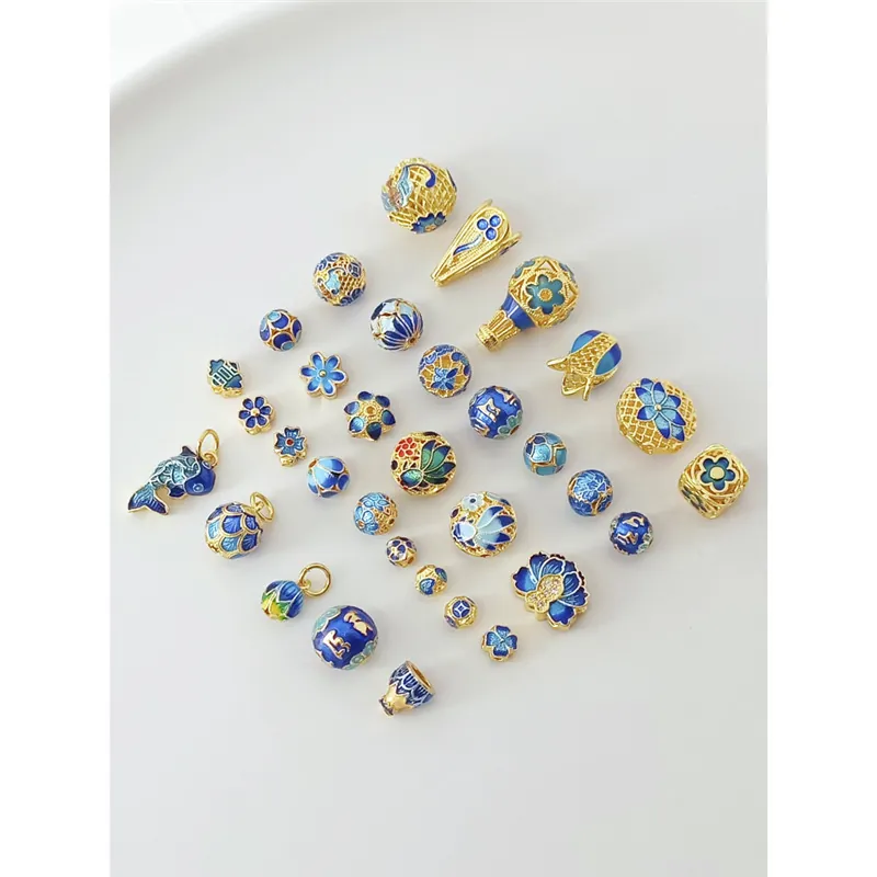 Cloisonne Enamel Spacer Beads 14K Gold Plated Blue Floral Loose Beads For DIY Bracelet Jewelry Making Traditional Hollow Charms