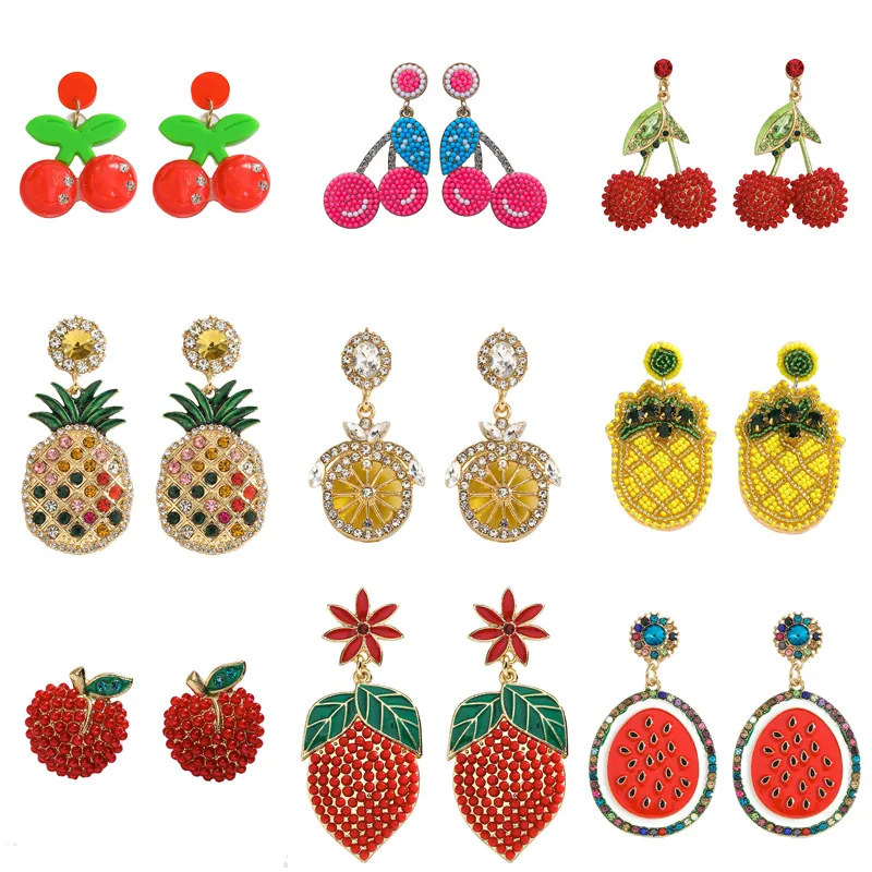 Frucht Hängeohrringe Legierung Strass Perlen Emaille Kirsche Ananas Zitrone Sommer Boho Erfrischender Stil Für Damen