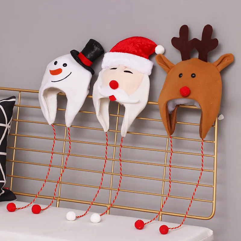 Christmas Hat Plush Santa Claus Reindeer Snowman Cartoon Ear Protection Pom Pom Holiday Party Hats For Kids And Adults