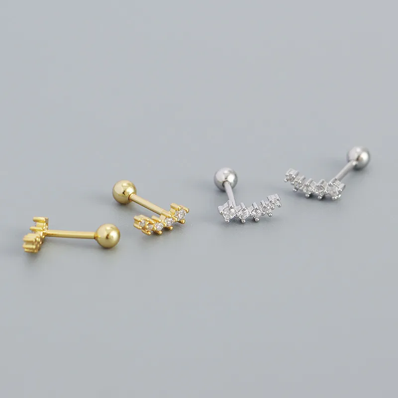 Geometric Curved Zircon Stud Earrings S925 Sterling Silver Screw Ball Back Minimalist Piercing Jewelry Women