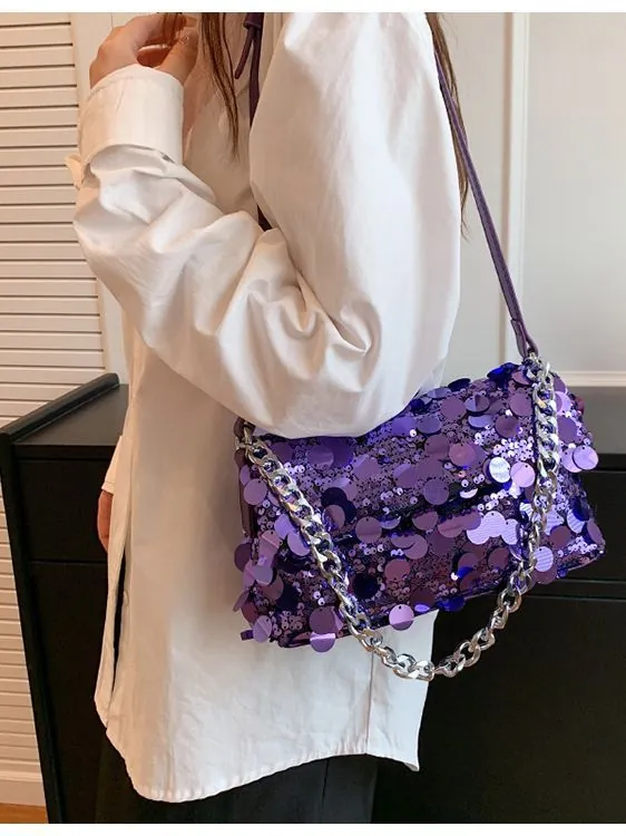 Elegant Sequin Evening Handbag With Metal Chain Shoulder Strap Trendy Glitter Crossbody Bag For Women Party Wedding Dinner