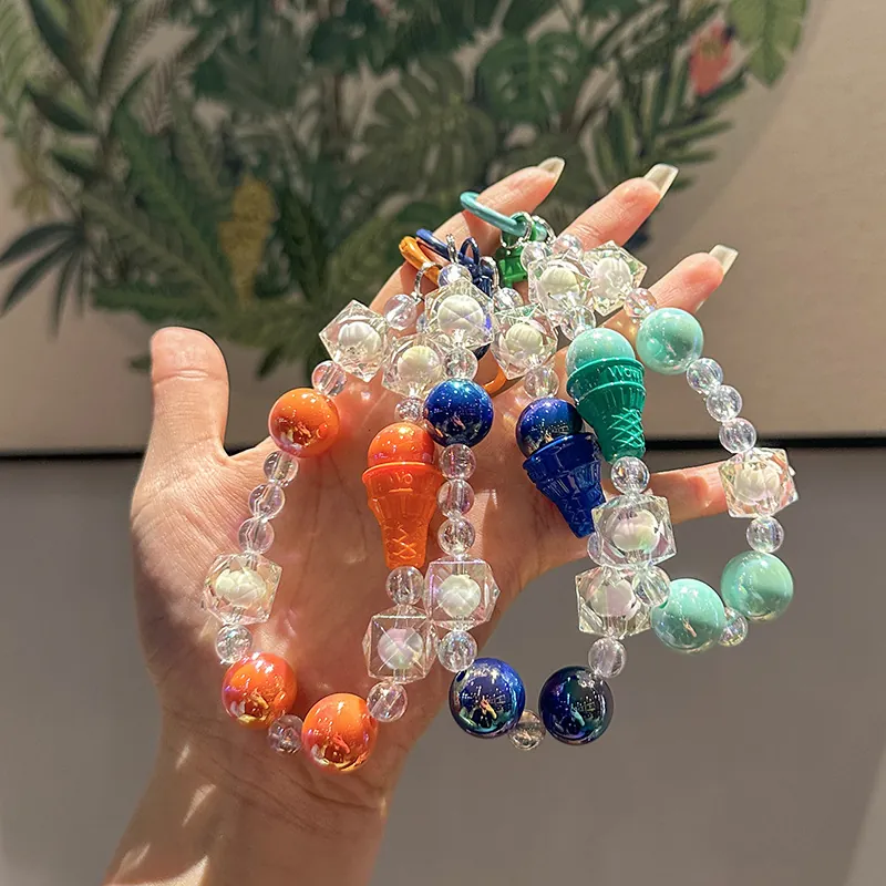 Handmade Acrylic Alloy Beaded Keychain Phone Strap Colorful Heart Flower Ice Cream Pendant Cute Bag Charm For Women