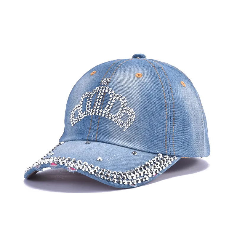 Vintage Denim Baseball Cap Rhinestone Embellished Distressed Cotton Sun Hat For Women Men Streetwear Hip Hop