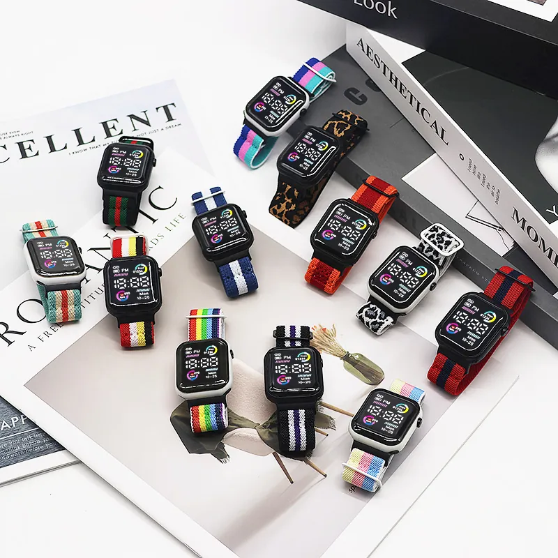 Fashion Square Digital LED Electronic Watch For Students Women Colorful Nylon Braided Strap Sports Timekeeping Watch Accessory