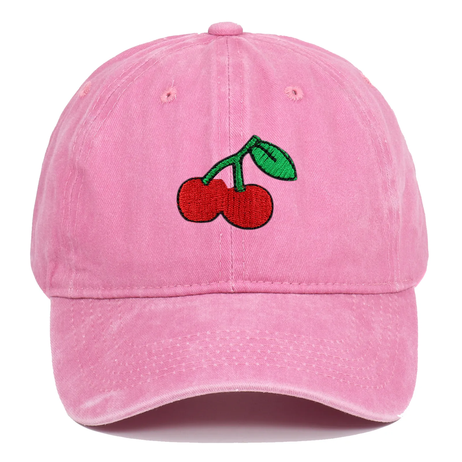 Washed Cotton Cherry Embroidered Baseball Cap For Women Men Vintage Adjustable Outdoor Sun Protection Distressed Dad Hat