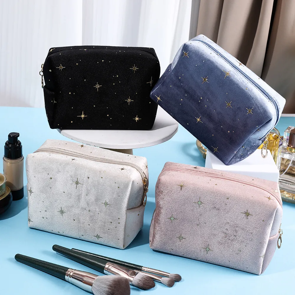 Velvet Star Cosmetic Bag Gold Embroidery Zipper Portable Toiletry Pouch Travel Makeup Organizer Storage Bag