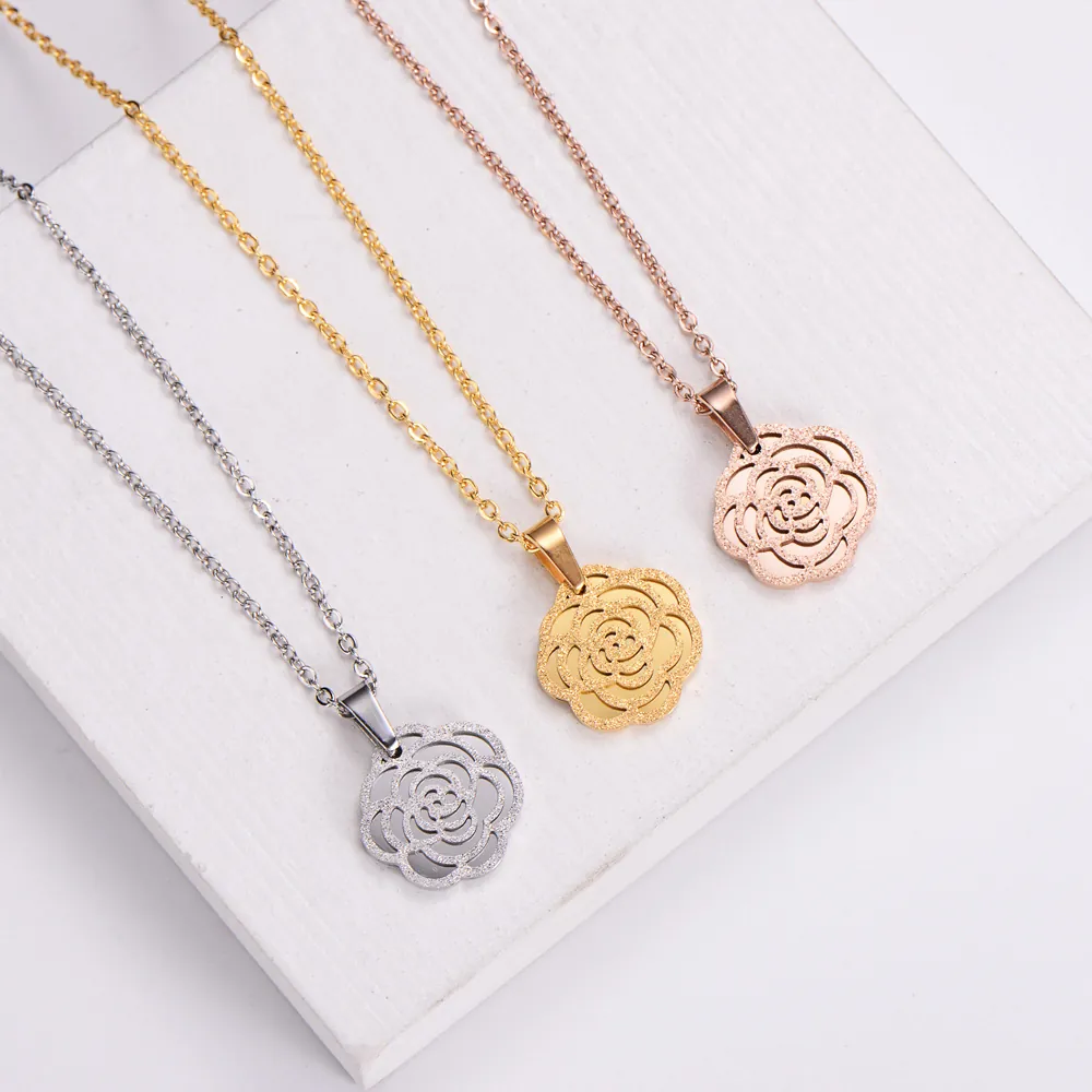 Hollow Rose Flower Pendant Necklace Frosted 316L Stainless Steel Camellia Floral Jewelry For Women Elegant Accessories