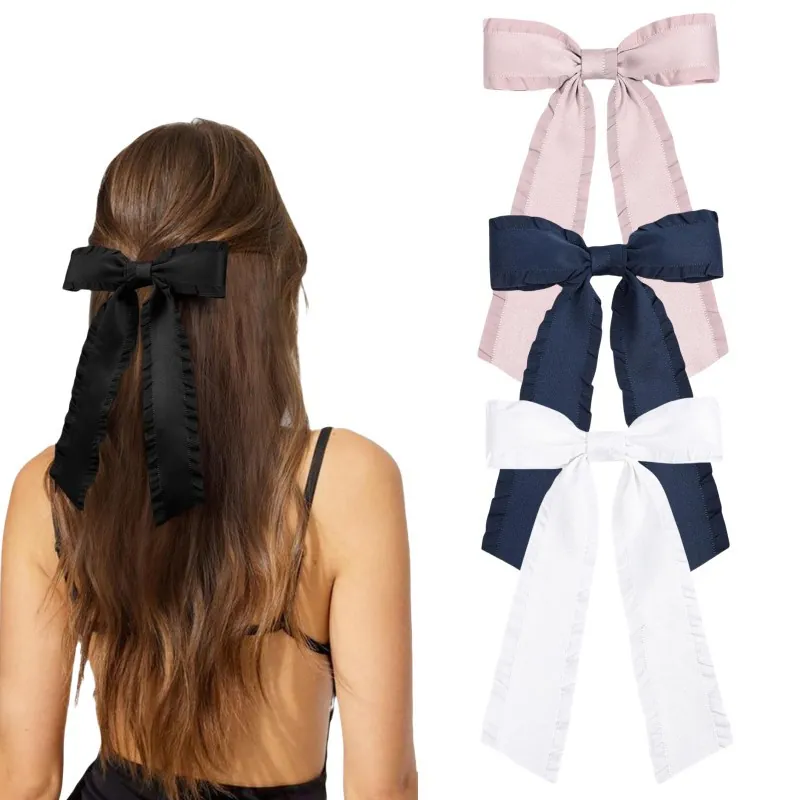 Large Satin Bow Hair Clip With Ruffled Edges And Long Streamers Sweet Elegant Bowknot Hairpin For Women Girls