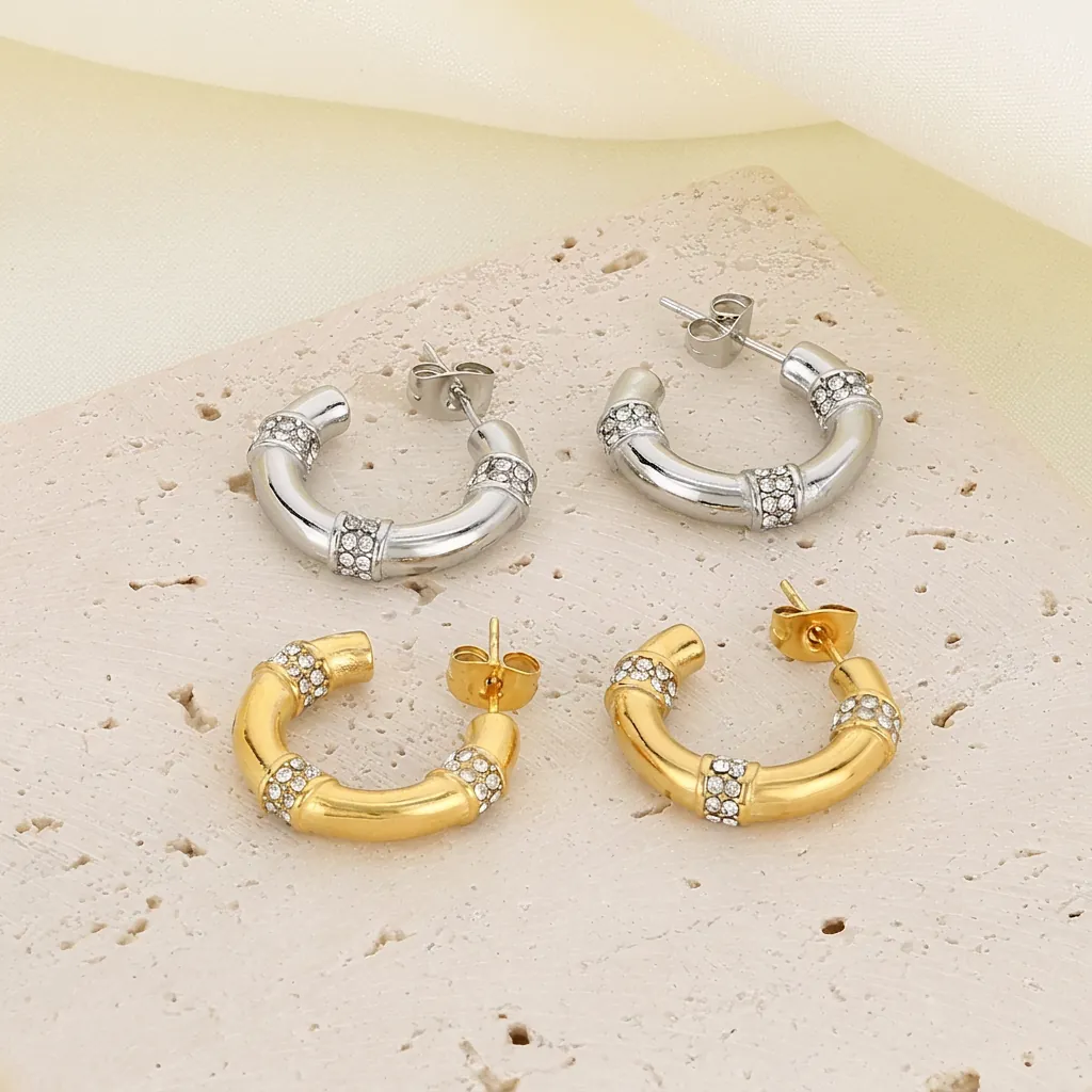 Boucles D'oreilles Créoles En Forme De C En Acier Inoxydable Pour Femmes Design Bambou Strass Plaquées Or Bijoux Mode