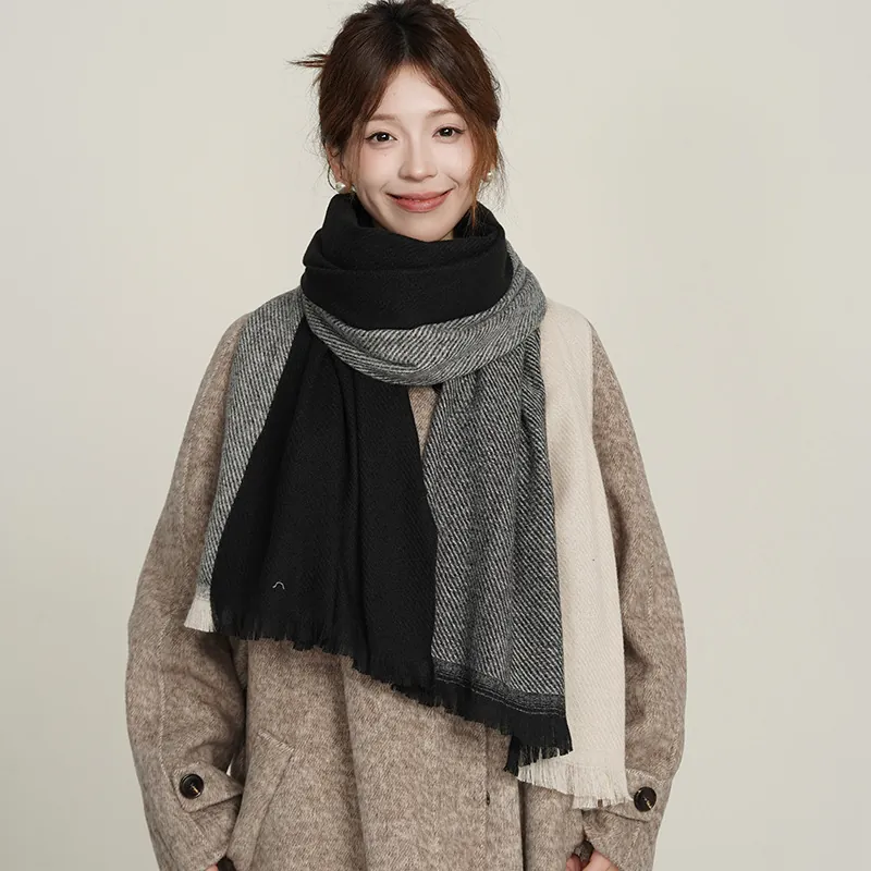 Color Block Double Sided Scarf Imitation Cashmere Tassel Shawl Winter Warm Wrap For Women
