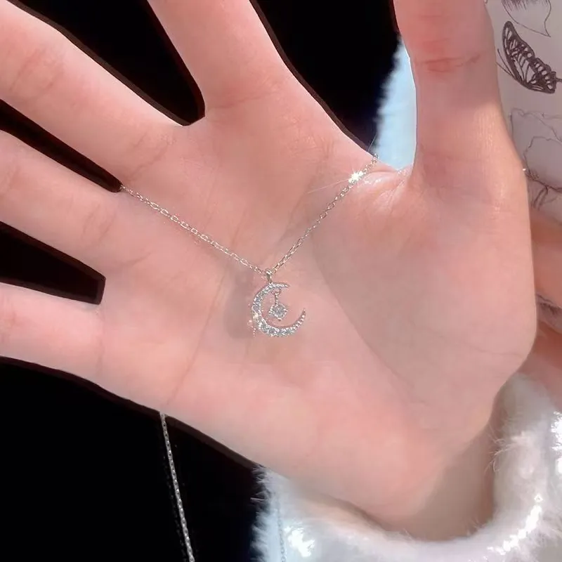 Crescent Moon Pendant Necklace Titanium Steel Alloy Cubic Zirconia Star Clavicle Chain Luxury Niche Design For Women