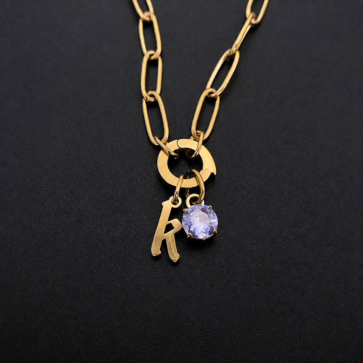 Stainless Steel Gold Silver Lowercase Letter Rhinestone Pendant Necklace Gothic Alphabet Initial Paperclip Chain Jewelry Gift
