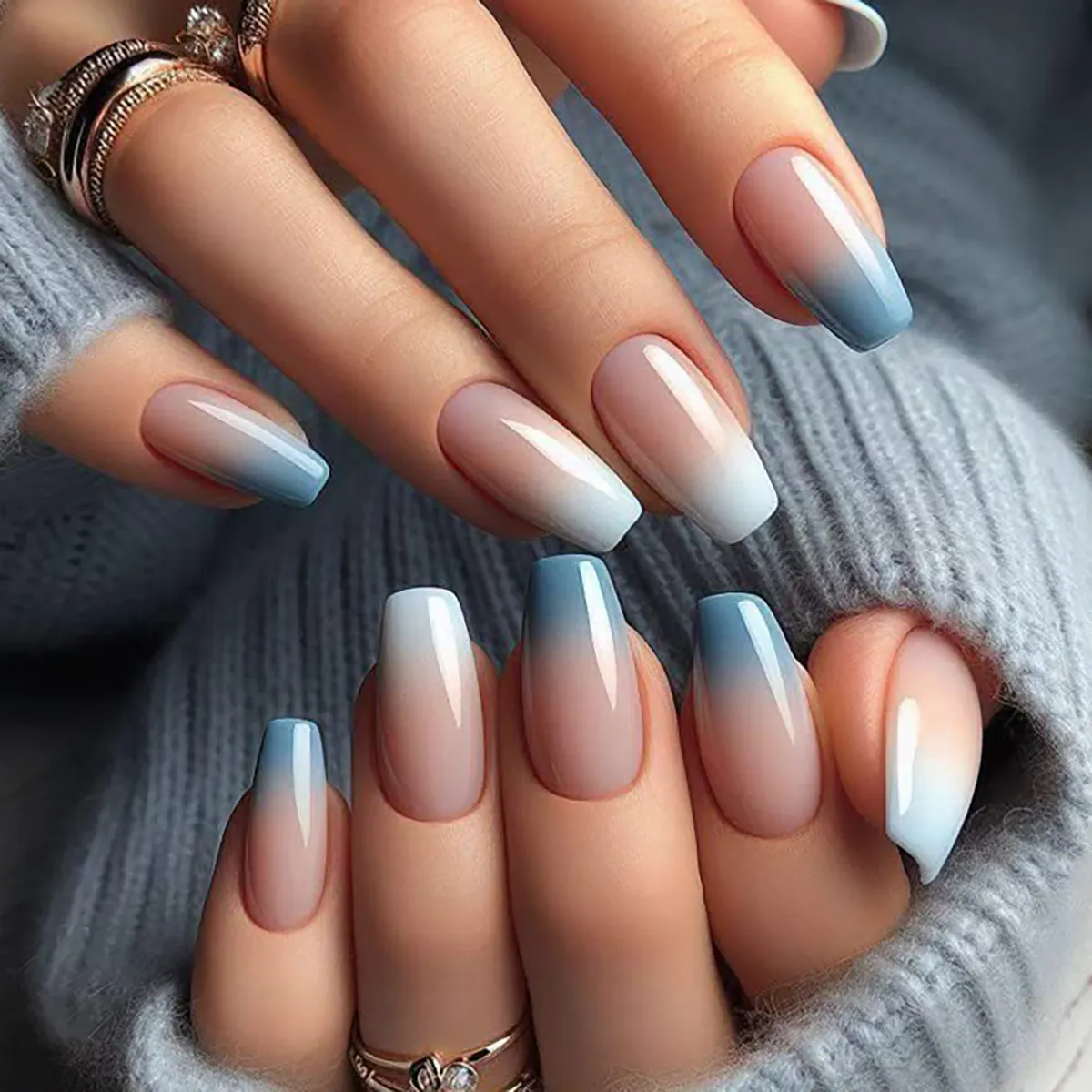 Faux Ongles À Presser Dégradé Ombre Rose Bleu Blanc Brillant Longue Forme Cercueil Pour Femmes Manucure