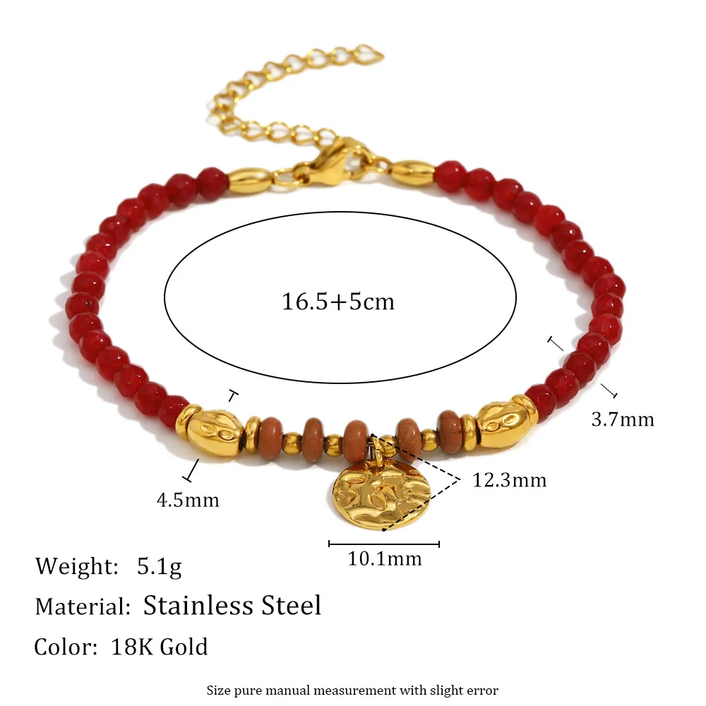 Bracelet À Perles En Acier Inoxydable Plaqué Or 18K Pierre Naturelle Pendentif Pièce Ronde Martelé Bijoux Vintage Bohème Pour Femmes