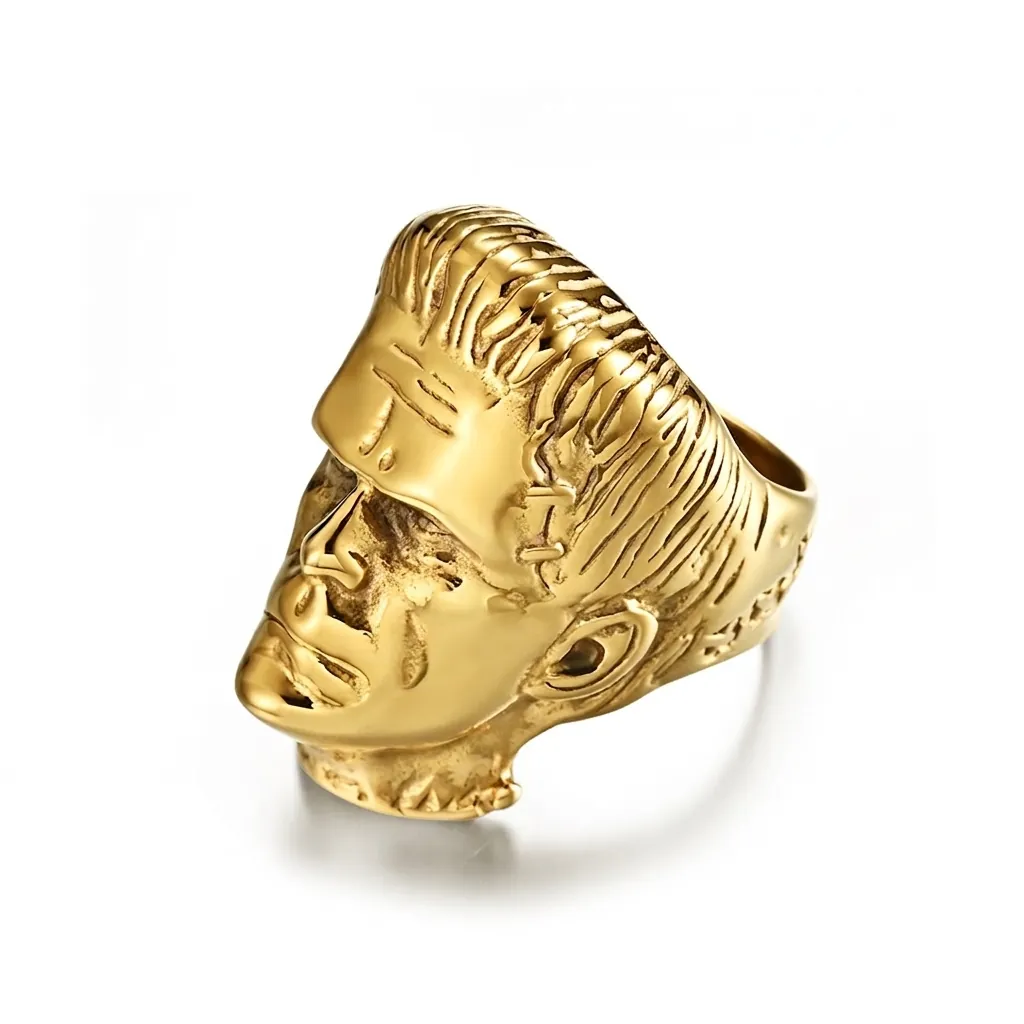 Frankenstein Monster Head Ring For Men Stainless Steel 18K Gold Plated 3D Portrait Punk Hip Hop Gothic Rock Jewelry