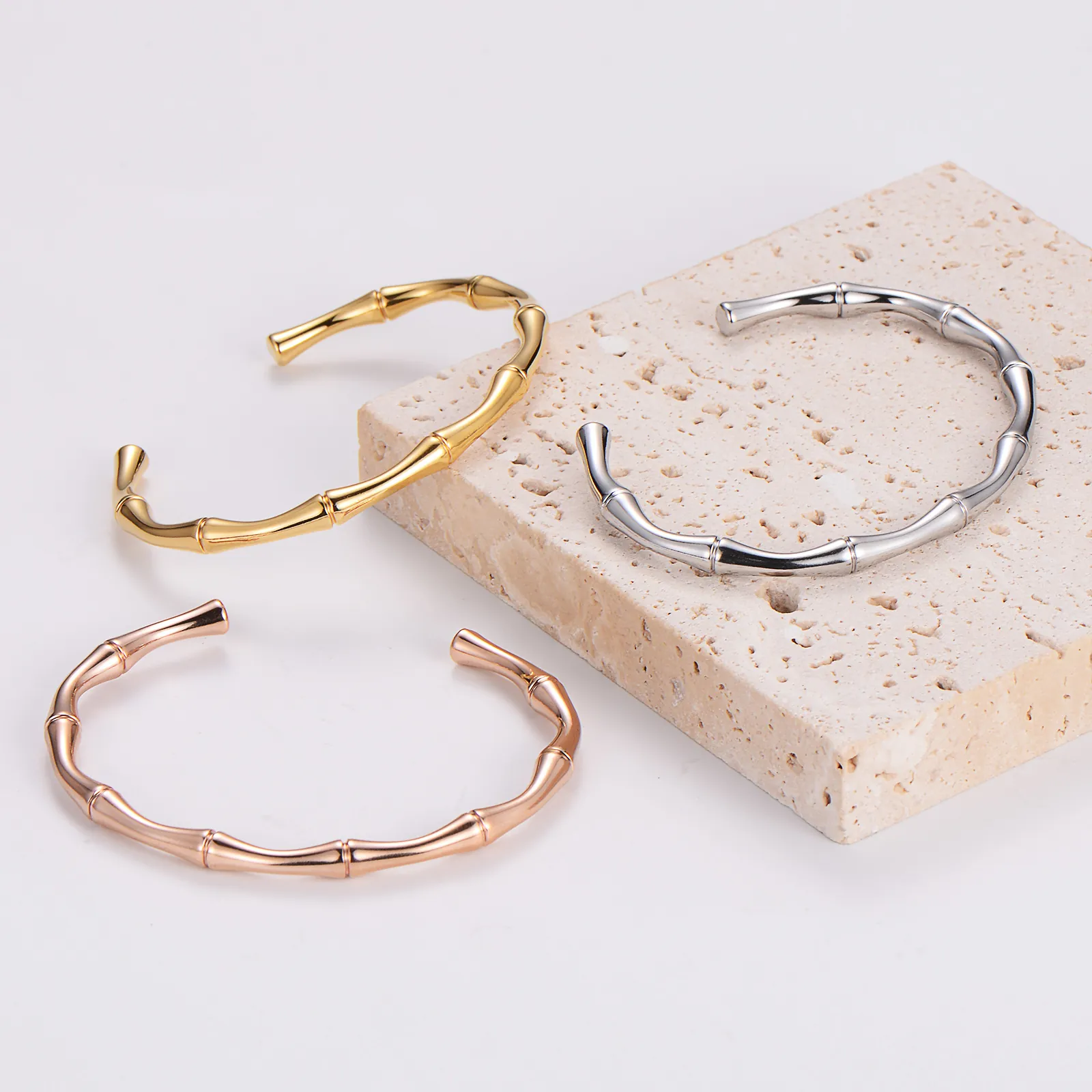 Bamboo Joint Cuff Bracelet 316L Stainless Steel Open Bangle Minimalist Elegant Fashion Accessories For Women