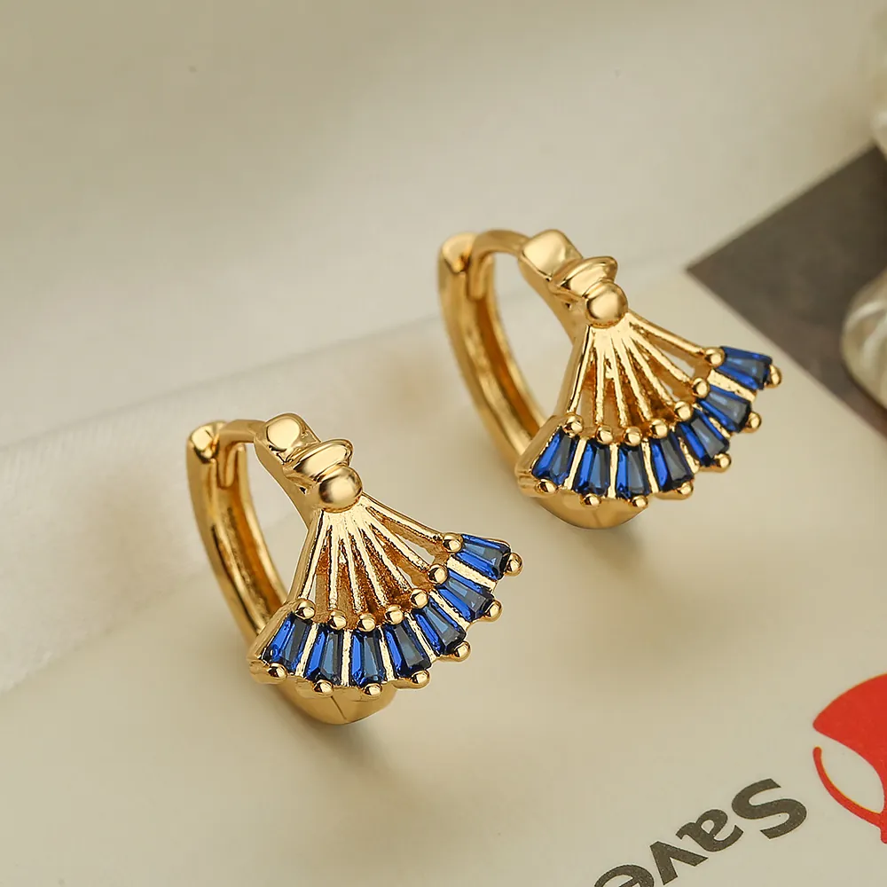Fan Shaped Hoop Earrings Copper Gold Plated Baguette Zircon Blue Gemstone Geometric Fashion Jewelry For Women