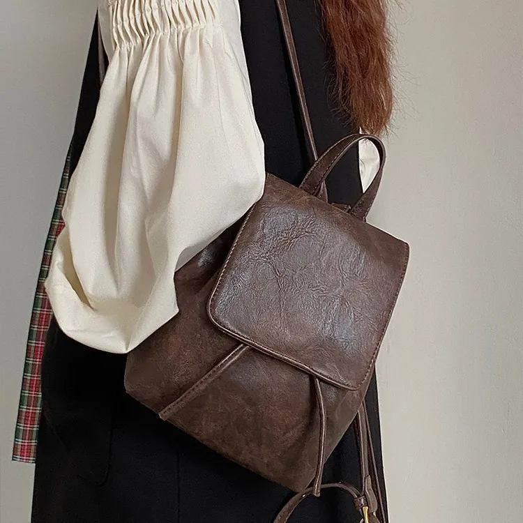 Mini Zaino In Pelle PU Vintage Retrò Patta Con Coulisse Fibbia Magnetica Piccolo Zainetto Da Donna Stile Urbano Semplice