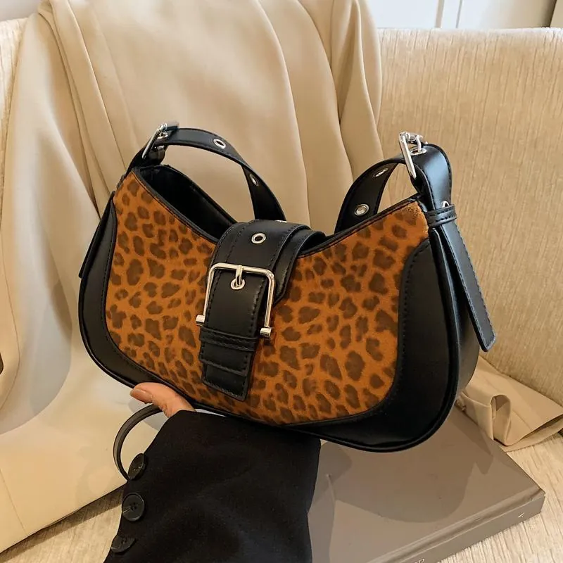 Sac À Épaule Imprimé Léopard Tissu Cuir PU Bandoulière Réglable Boucle Métallique Style Hobo Rétro Femmes