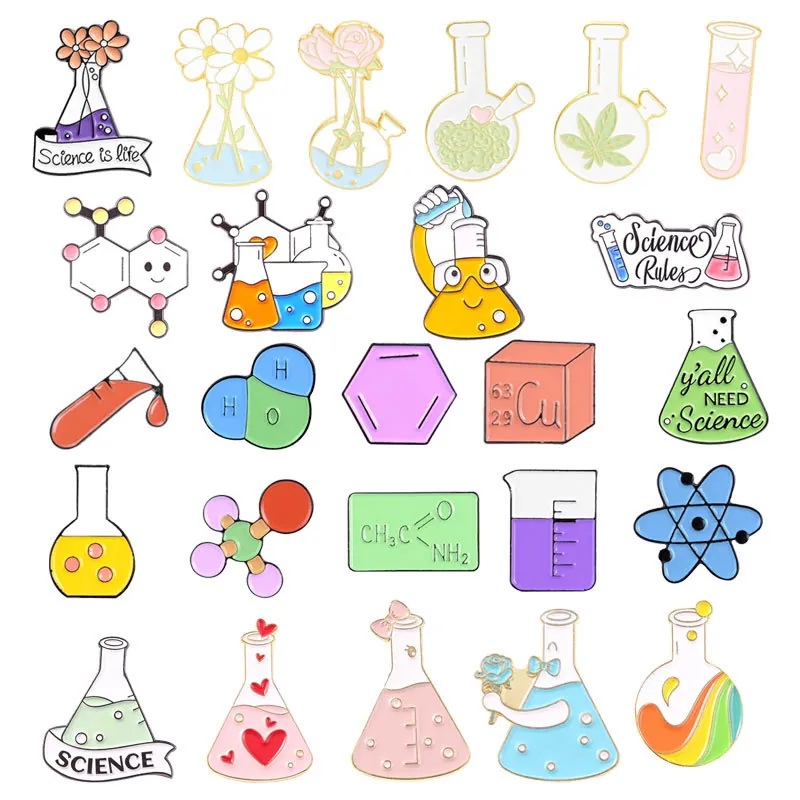Creative Science Chemistry Enamel Pins Alloy Science Laboratory Beaker Flask Molecular Structure Brooch Jewelry Gift For Teachers