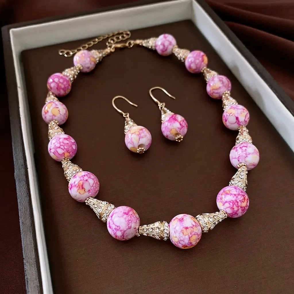 Collana In Lega Con Strass Vintage Con Perle In Resina Marmo Rosa Catena Di Clavicola Retrò Per Donne Gioielli