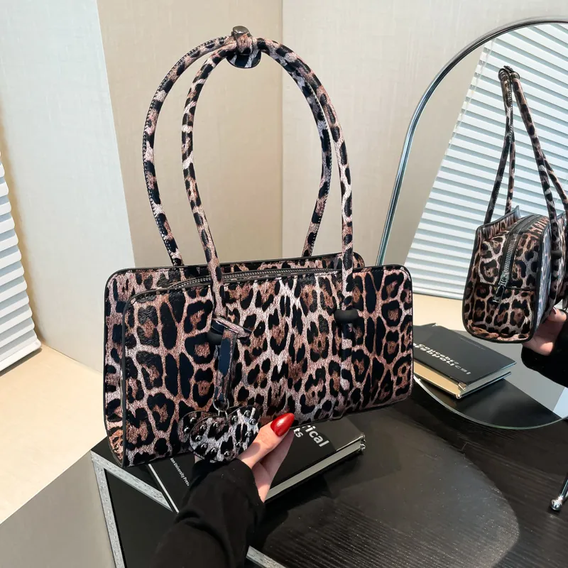Leopard Print Shoulder Bag PU Leather Retro Baguette Handbag With Heart Shaped Charm Rivet Decor For Women