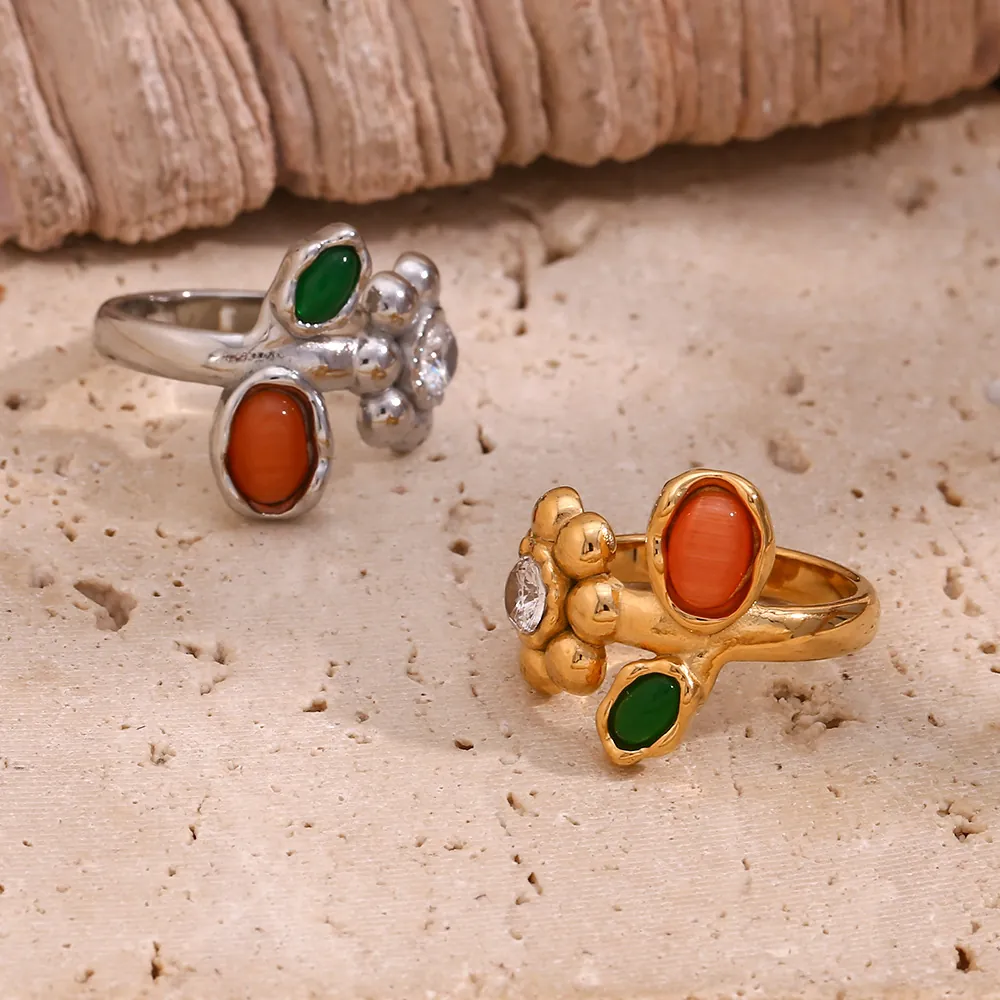 Vintage Flower Finger Ring Stainless Steel 18K Gold Plated Green Orange Gemstone Zircon Floral Jewelry For Women